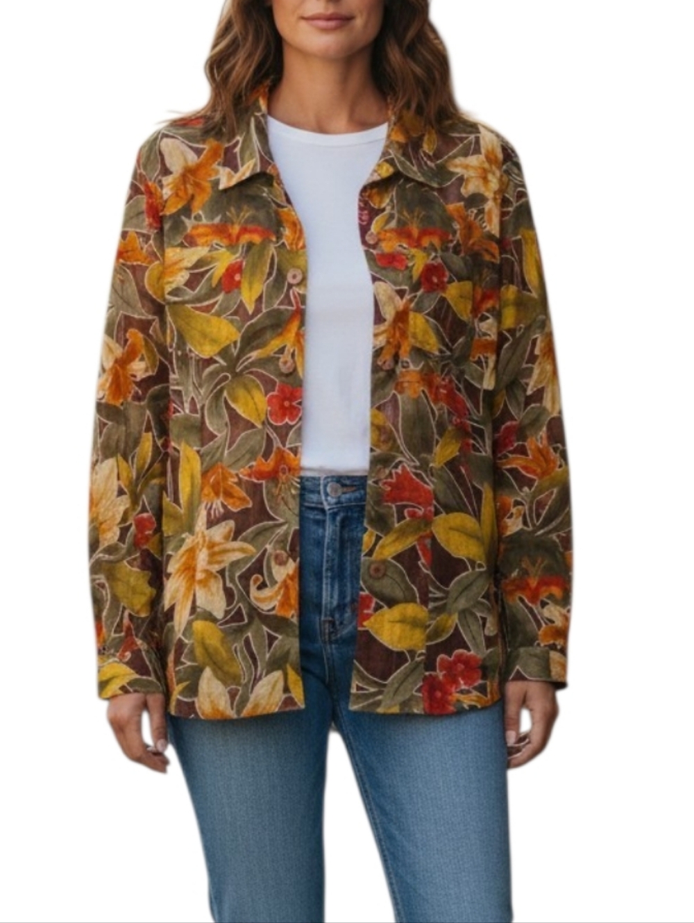 Alfred Dunner Semi Sheer Tropical Floral Print Button Down Shirt